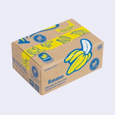 Box of stickers, made to look like a cardboard shipping box holding bananas, with labeling and illustrations on the exterior that mimic the real thing.