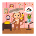 Illustration of a monkey with a mushroom hat holding a banana phone in a living room setting with pink walls and decor. It has a speech bubble that contains an image of a banana split ice cream sundae.