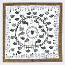 A square white scarf featuring an intricate equestrian-themed illustration. The design includes a central circular fence with horses and riders jumping over hurdles, surrounded by small black-and-white figures and green heart motifs, all enclosed in a decorative brown border.