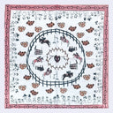 A square white fabric bandana or scarf featuring a detailed equestrian arena illustration with horses, fences, riders, and a pink decorative border.