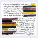 A white hankerchief with hand-lettered text about graphite pencil lead discovery, overlaid on horizontal brush-stroke bands in black, brown, and mustard yellow, with small white pencil eraser tips at the ends.