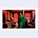 Illustration of a character in a green robe speaking to others in a classical setting