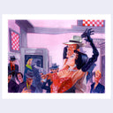 Illustration of a woman in a red dress and hat in a room with people and a checkered flag.