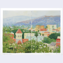 An impressionist-style landscape painting of a hillside town with green trees, red-roofed buildings, and blue mountains in the background, shown on a white paper sheet against a light gray background.
