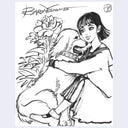 Illustration of a girl hugging a dog with flowers in the background, signed by Baron Yoshimoto.