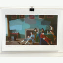 Painting of a film still from Barry Lyndon of several men dressed in 1800s clothing in a room.