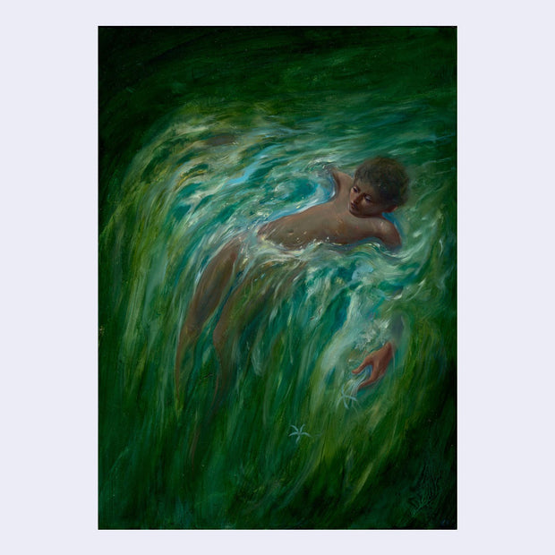 Oil painting with very rich, deep greens. A nude person with short curly blonde hair is half submerged in a body of water, with their head, shoulders and chest exposed and the rest of their body laying in the waterfall. The current looks strong, going downward.