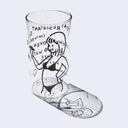 Clear glass cup with a black line art illustration of a cartoon girl in a bikini, writing with a marker. She write the specs of the glass.