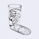 Clear glass cup with a black line art illustration of a cartoon girl in a bikini, writing with a marker. She write the specs of the glass.