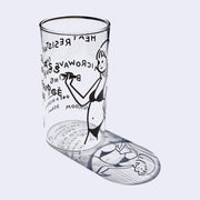 Clear glass cup with a black line art illustration of a cartoon girl in a bikini, writing with a marker. She write the specs of the glass.