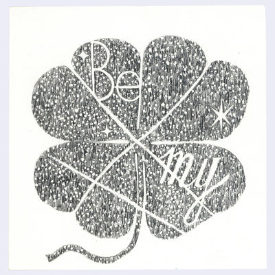 Four-leaf clover design with text that reads "be my" on a white background