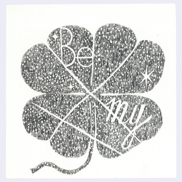 Four-leaf clover design with text that reads "be my" on a white background