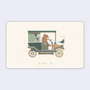 Small greeting card with an illustration of a bear driving an old-timey car with a bird on the hood that says "hello"