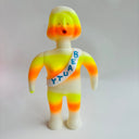 Colorful tie-dye figure with a sash on a light gray background