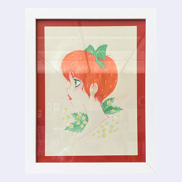Color pencil illustration of a left facing portrait of a woman with hair colored like a strawberry, with yellow seeds and a bow of green leaves. Small white flowers frame her neck and shoulders and she wears a flower stud earring. Piece is in white frame with red mat.