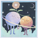 Two cartoon planets holding hands with a flower between them against a starry night sky.