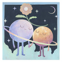 Illustration of 2 anthropomorphized moons, holding hands with a flower aboved their heads. They stand within a ring against a starry night sky