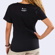 Back view of black t-shirt with a small logo in upper center that reads "tokidoki x Hello Kitty and Friends" in white.