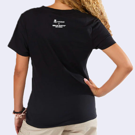 Back view of black t-shirt with a small logo in upper center that reads "tokidoki x Hello Kitty and Friends" in white.