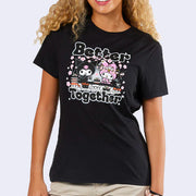 Black t-shirt with a graphic of My Melody and Kuromi, sitting together in front of a sushi conveyor belt with cherry blossoms around them. Text reads "Better Together"