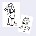 Two black and white illustrations of a woman in a bikini on white paper with 'YUROOM' branding.
