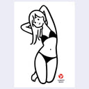 Black and white line drawing of a woman in a bikini on a light purple background with 'Yuroom Show' logo.