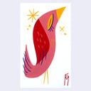 Cartoon illustration of a pink bird with a yellow eye and beak.