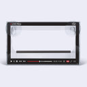 A bird feeder, made of a clear screen that has video watching UI on it, mimicking a Youtube video. Birds eat the feed on a platform behind the screen.