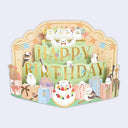 3D birthday card that reads "Happy Birthday" on a 3 tiered green stand with many cute birds wearing bowties sitting around. In the front are wrapped presents and a cake.