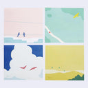 Four colorful illustrations of landscapes with birds and animals on a light blue background.