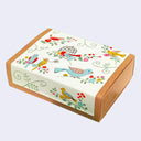 Decorative box with bird illustrations on a white background