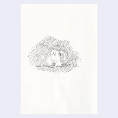 Graphite illustration of a girl sitting in front of a cupcake with a lit candle in it.