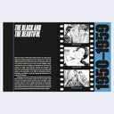 Design with text and film strip elements on a black background