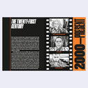 Design with text and black and white illustrations on a film strip background