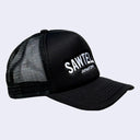 BLACK snapback cap with mesh backing. Text reads "SAWTELLE" in large white sans serif font with "Japantown" written below in smaller, matching font.