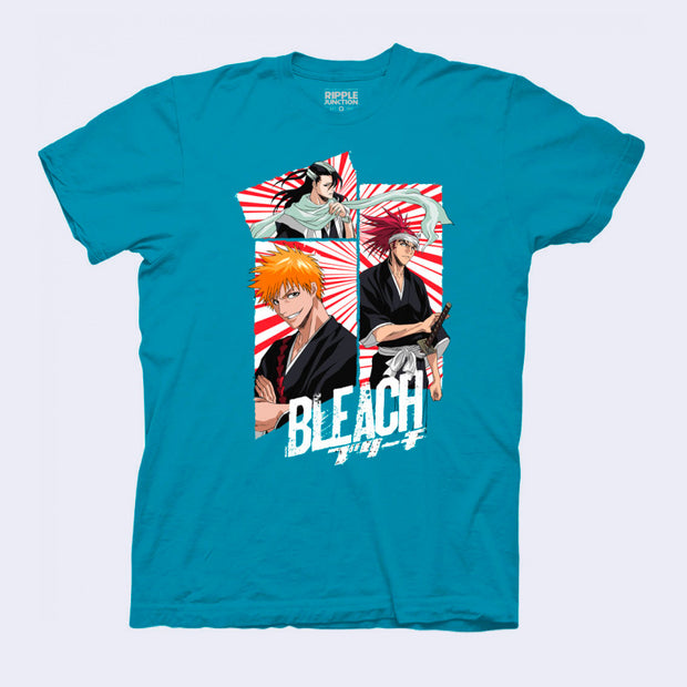 Turquoise blue t-shirt with a graphic on the front split into 3 different sized panels, with red and white striping as the background. Each panel features a different character from the anime Bleach. "Bleach" is written in english and Kanji below the graphic.