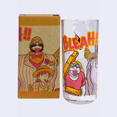 Glass cup with a screen printed design on the outside, imagery from Porco Rosso, a man with an aviator's cap and glasses holding a large telescope over his back and standing with his tongue out. "Bleah!!" is written in all caps, stylized font across the top.