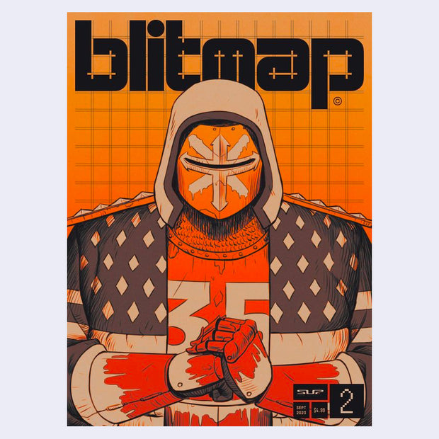 Cover example of Blitmap issue 2, orange with a futuristic mech paladin of sorts posing with his hands pushed together.