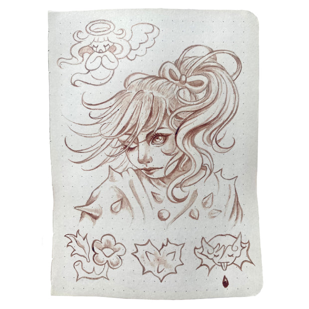 Sketch of a girl with a ponytail and spikes coming off her body. Below her are small emoticons of a flower, a heart and a devil.