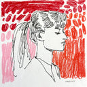 Ink illustration of a woman with a ponytail, seen in profile view from the shoulders up. Background is colored in red pink and orange.