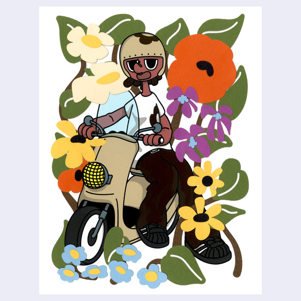 Colorful illustration of a tan person on a moped bike, sitting slightly to the side with hands on the handlebars. Behind and around are large blooming flowers and leaves.