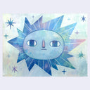 Colorful abstract sun design with a face and a light blue background