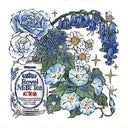 Ink and watercolor illustration of various bouquets of blue flowers coming out of a Royal Milk Tea can with small skeleton characters decorating with the scene.