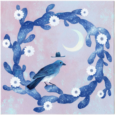 Painting of a blue jay, standing atop a wreath made up of cacti with blooming flowers. A small hat hovers above the bird's head and a crescent moon hangs in the background. Color palette is blue, white and light purple.