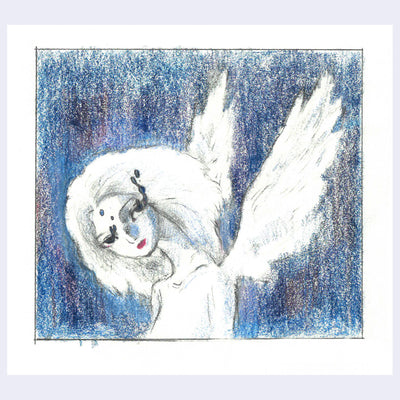 Colored pencil sketch of a white angel, crying with tears flowing upwards. Background is blue.