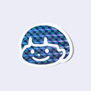 Sticker with a holographic blue geometric pattern and smiley face design with a white outline.