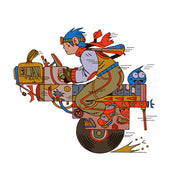 Illustration of a person on a cyberpunk esque motorcycle with many stickers.