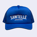 Blue snapback cap with mesh backing. Text reads "SAWTELLE" in large white sans serif font with "Japantown" written below in smaller, matching font.