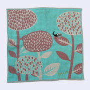 Blue square shaped handkerchief, with a design of a small black and gray snail on rounded flowers - a reddish purple with cream colored accent.