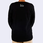 Back of a black long sleeve shirt, with a small "tokidoki x Hello Kitty and Friends" logo in the upper center.